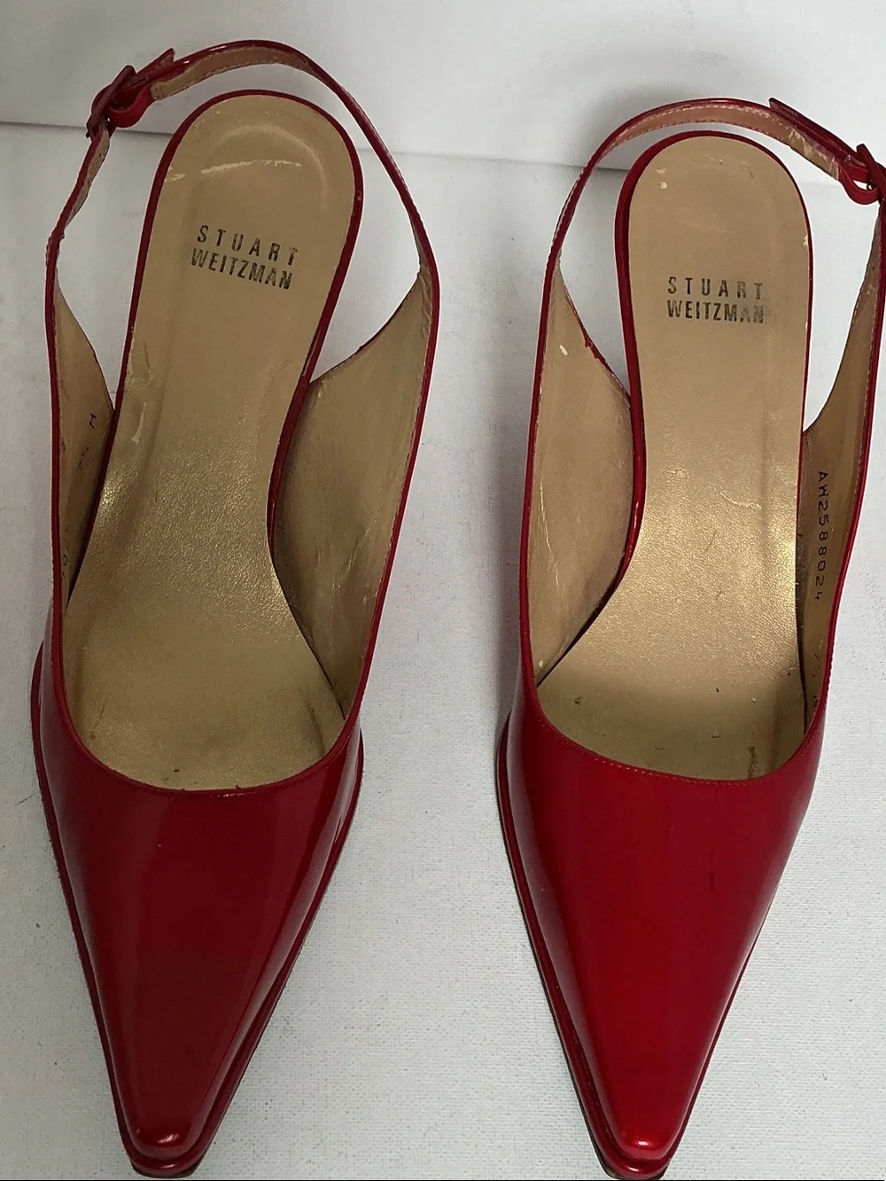 Stuart Weitzman Pointed Toe Slingback Ruby Red Patent Leather Wedge